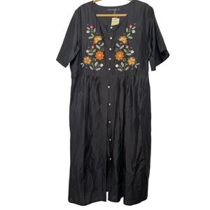 Gudrun Sjoden Margrethe Dress Black Womens XL Embroidered Midi Silk and Cotton